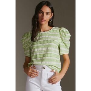 Amadi Anthropologie Green White Puff Sleeve Top XS NWT Cotton